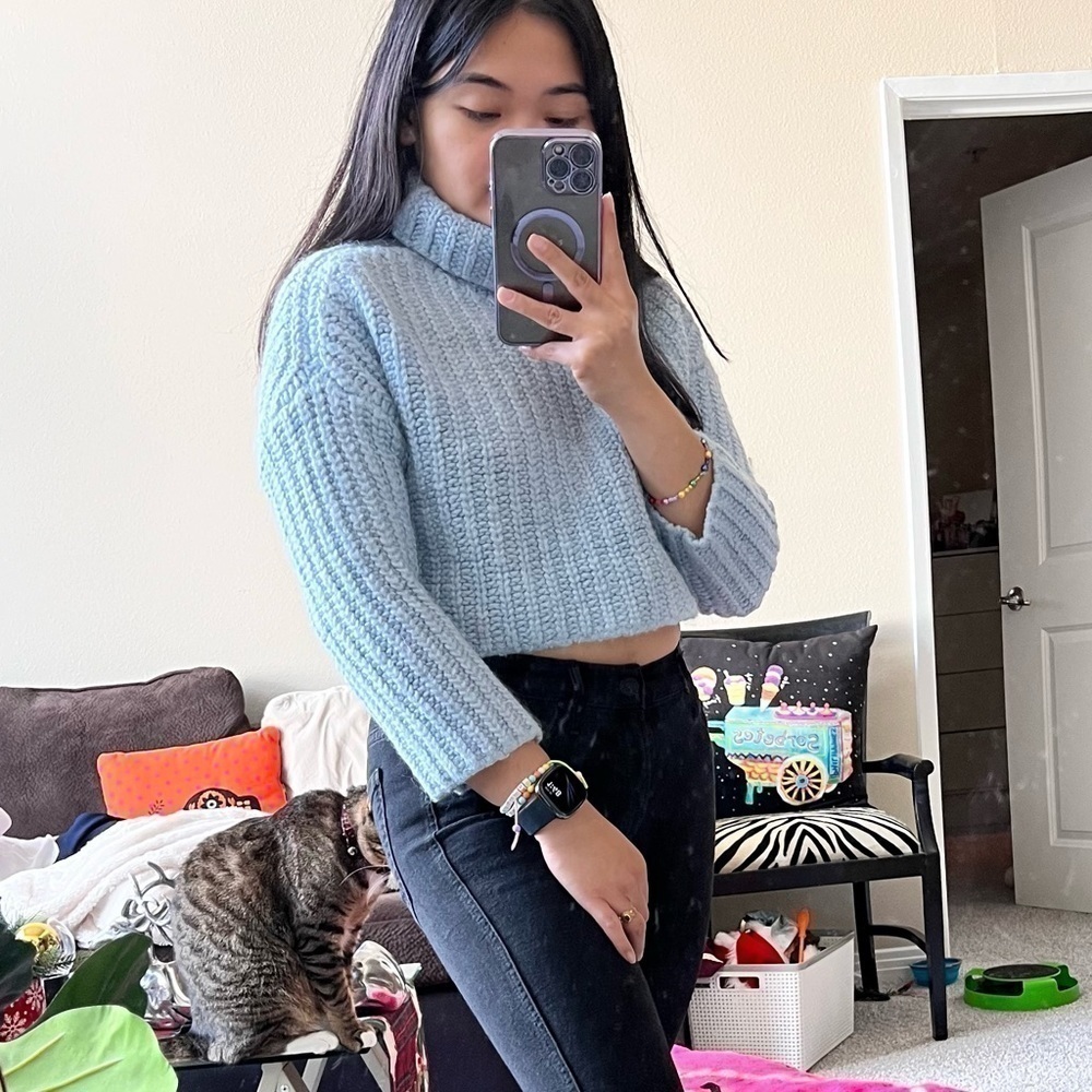 Revolve Weekend Stories Baby Blue Chunky Knit Wool Mohair Blend Crop Sweater XS